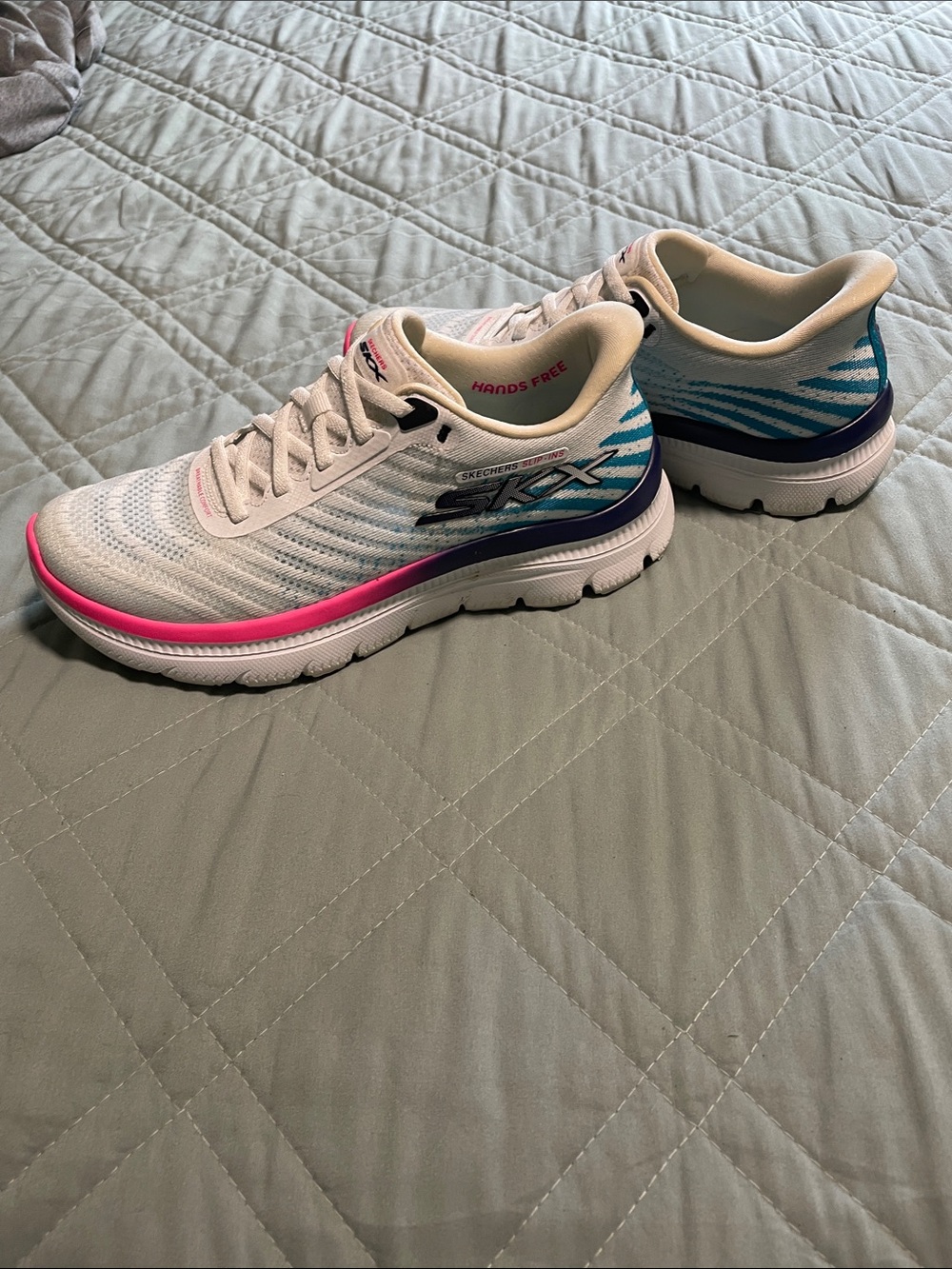 Skechers White Athletic Shoes with Pink Trim and Blue Accent - Picture 3 of 5